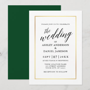 Modern Elegant Calligraphy Wedding Green Gold Invitation