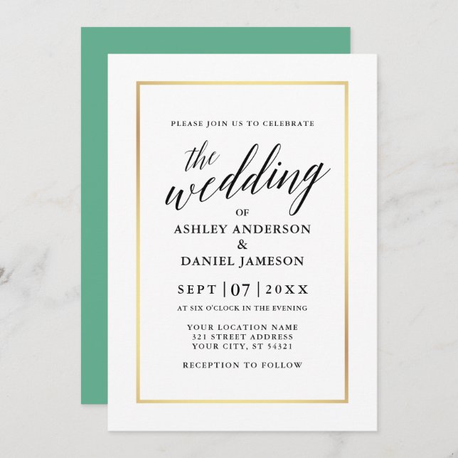 Modern Elegant Calligraphy Wedding Neo Mint Gold Invitation (Front/Back)
