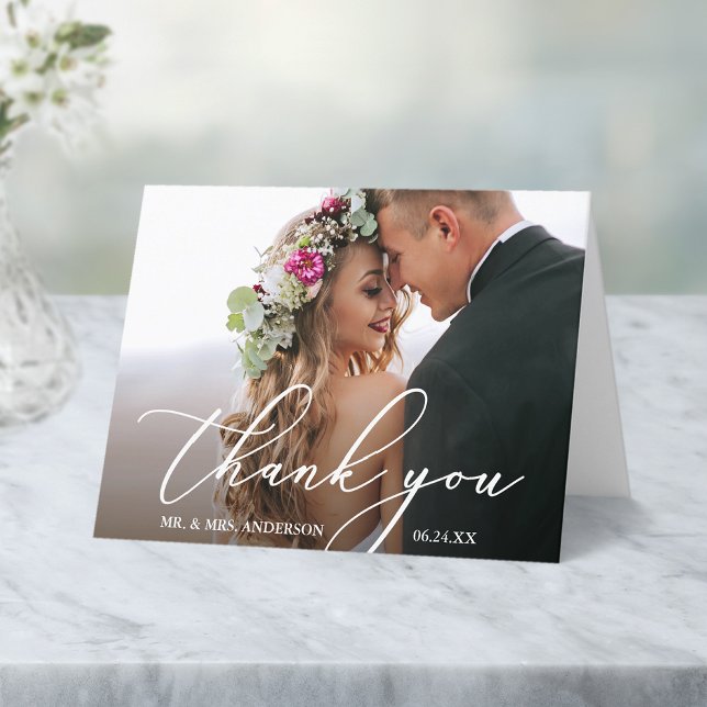 Modern Elegant Calligraphy Wedding Note Thank You Card (Customize to add text or more photos inside of card.)