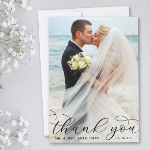 Modern Elegant Calligraphy Wedding Photo B Thank You Card