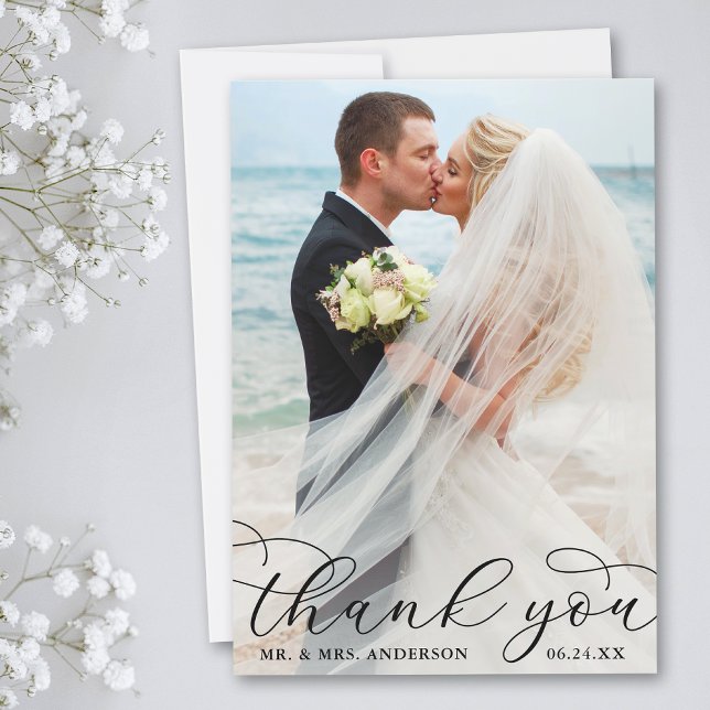 Modern Elegant Calligraphy Wedding Photo B Thank You Card (Creator Uploaded)