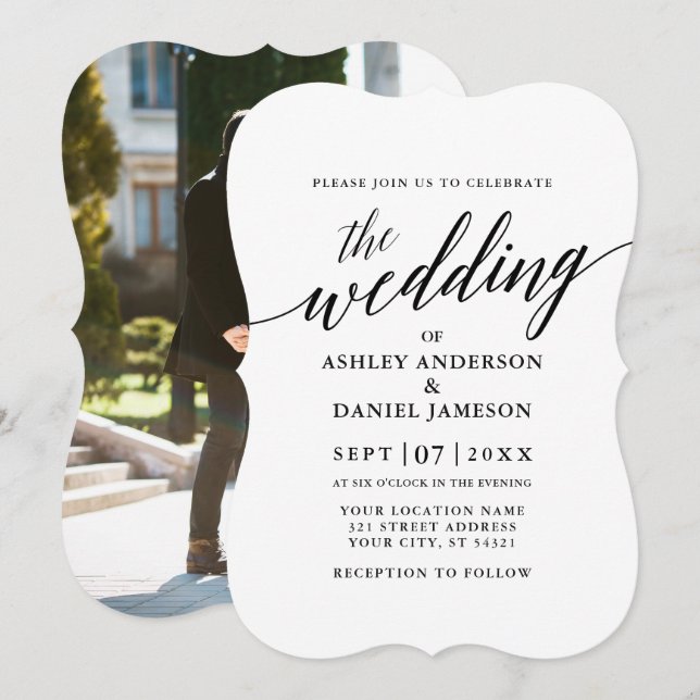 Modern Elegant Calligraphy Wedding Photo Back Invitation (Front/Back)