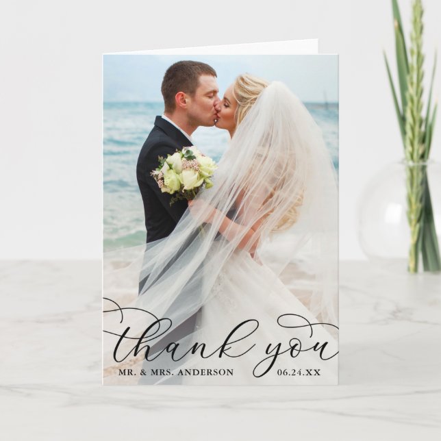 Modern Elegant Calligraphy Wedding Photo Fold B Thank You Card (Front)