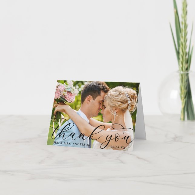 Modern Elegant Calligraphy Wedding Photo Note Thank You Card (Front)
