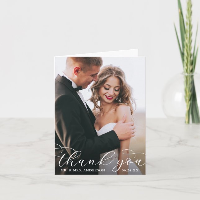 Modern Elegant Calligraphy Wedding Photo Note W Thank You Card (Front)