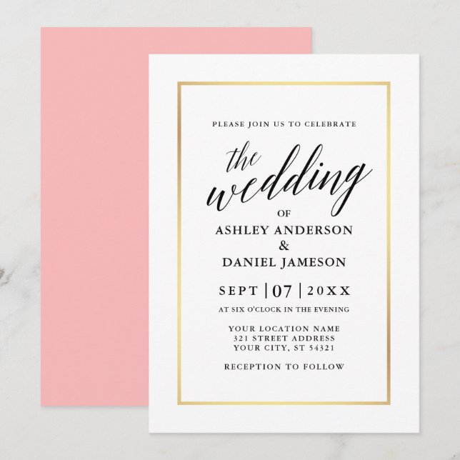 Modern Elegant Calligraphy Wedding Pink Gold Invitation (Front/Back)