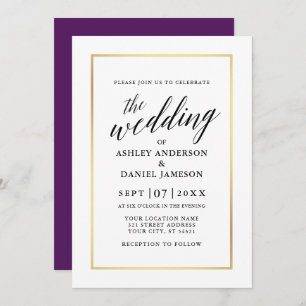 Modern Elegant Calligraphy Wedding Purple Gold Invitation