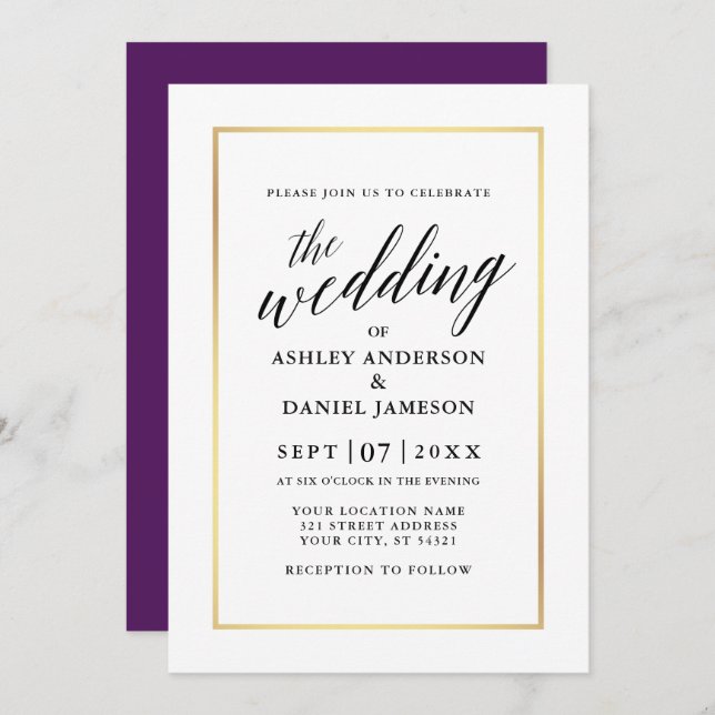 Modern Elegant Calligraphy Wedding Purple Gold Invitation (Front/Back)