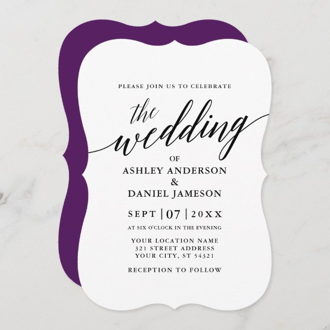 Modern Elegant Calligraphy Wedding Purple Invitation (Front/Back)