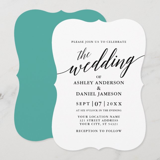 Modern Elegant Calligraphy Wedding Teal Invitation (Front/Back)