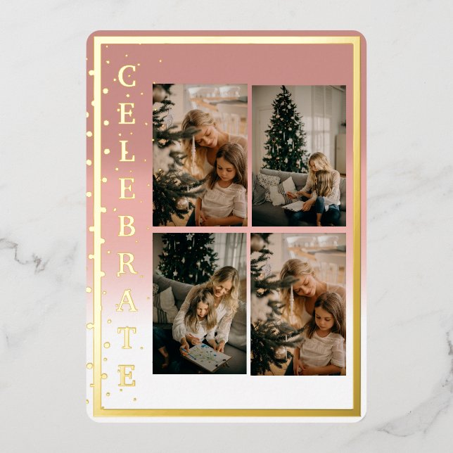 Modern Elegant Celebrate Four Photo  Foil Holiday Card (Front)
