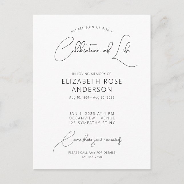 Modern Elegant Celebration of Life Invitation Postcard (Front)