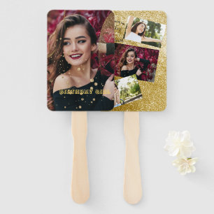 Modern elegant chic black and gold sweet 16 hand f fan
