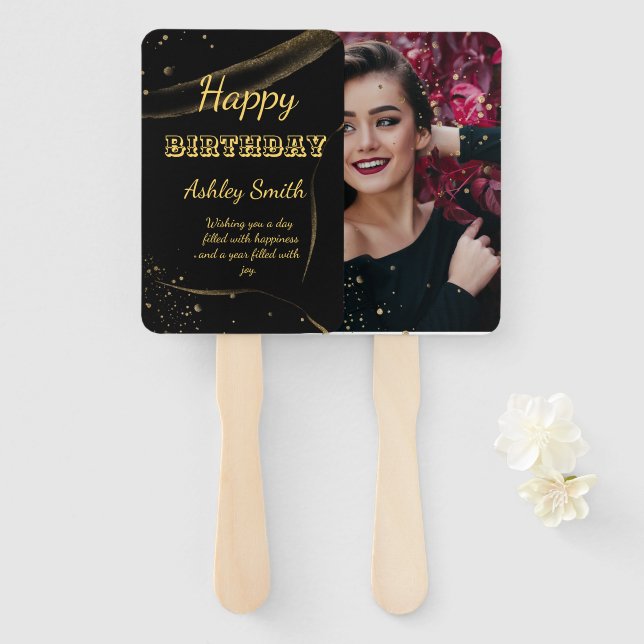 Modern elegant chic black and gold sweet 16 hand fan (Front and Back)