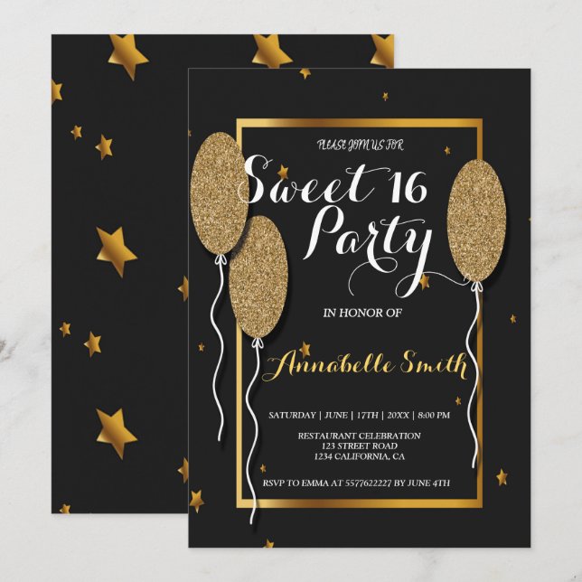Modern elegant chic black and gold sweet 16 invitation (Front/Back)