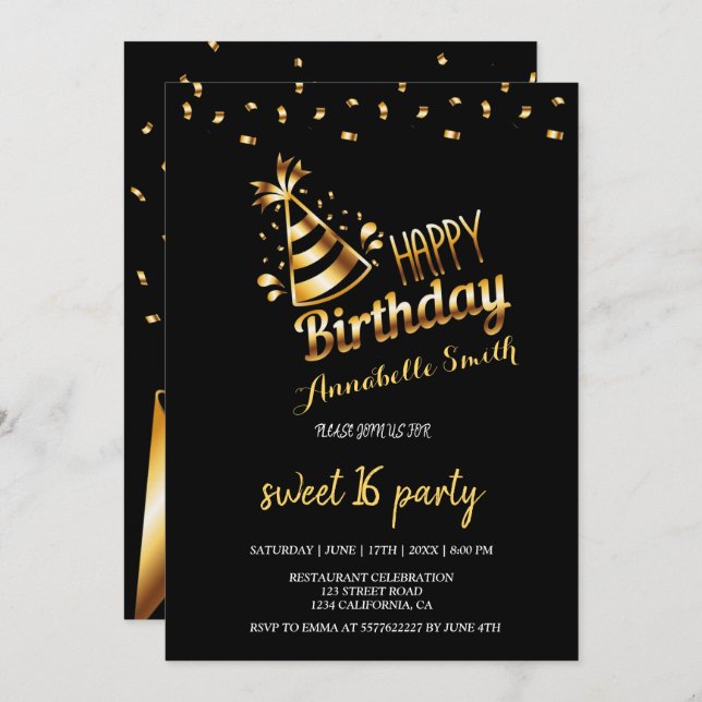 Modern elegant chic black and gold sweet 16 invitation (Front/Back)