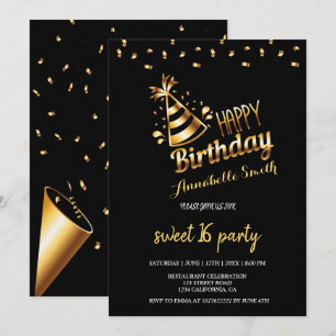 Modern elegant chic black and gold sweet 16 invitation