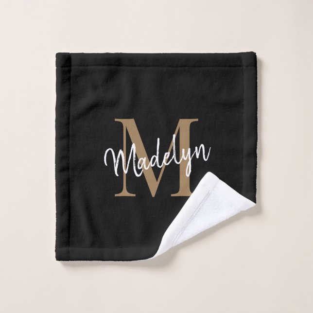 Modern Elegant Chic Black Gold Monogram Script Wash Cloth (Wash Cloth)