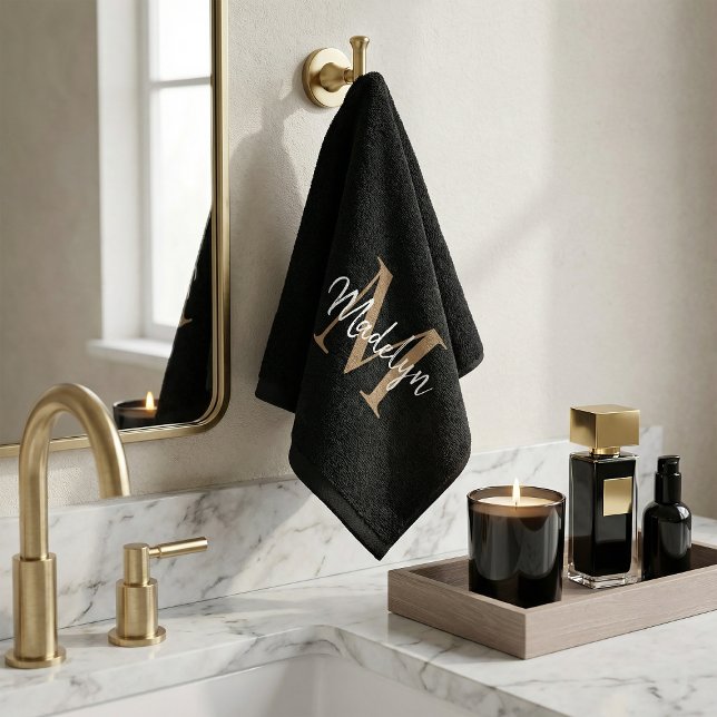 Modern Elegant Chic Black Gold Monogram Script Wash Cloth (Creator Uploaded)