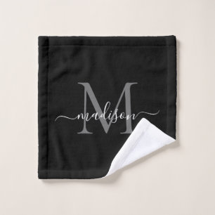 Modern Elegant Chic Black Grey Monogram Script Wash Cloth