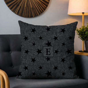 Modern Elegant Chic Black Star Pattern Monogram Cushion
