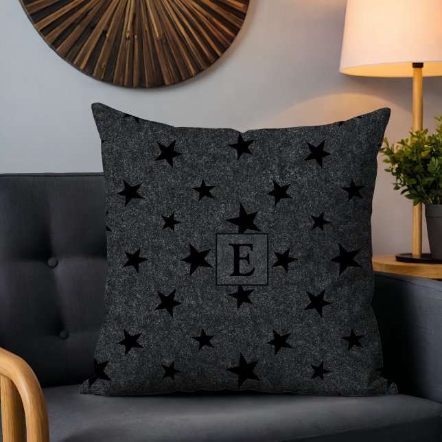 Modern Elegant Chic Black Star Pattern Monogram Cushion (Creator Uploaded)