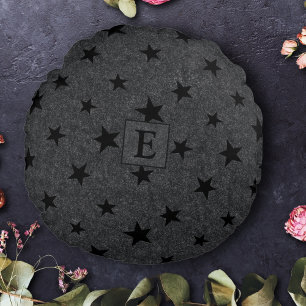 Modern Elegant Chic Black Star Pattern Monogram Round Cushion