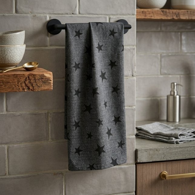 Modern Elegant Chic Black Star Pattern  Tea Towel (Creator Uploaded)