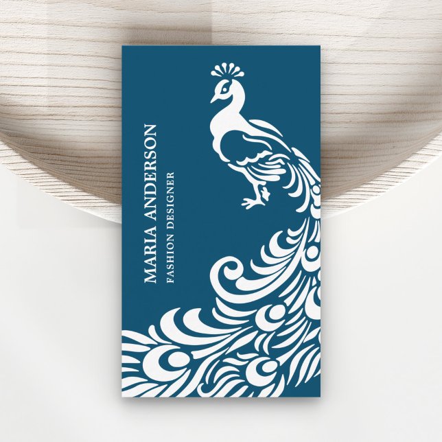 Modern Elegant Chic Blue and White Peacock Business Card (Creator Uploaded)