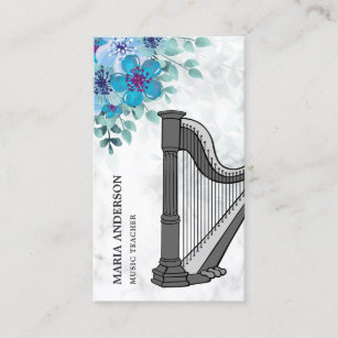 Modern Elegant Chic Blue Floral Harp Music Teacher Business Card