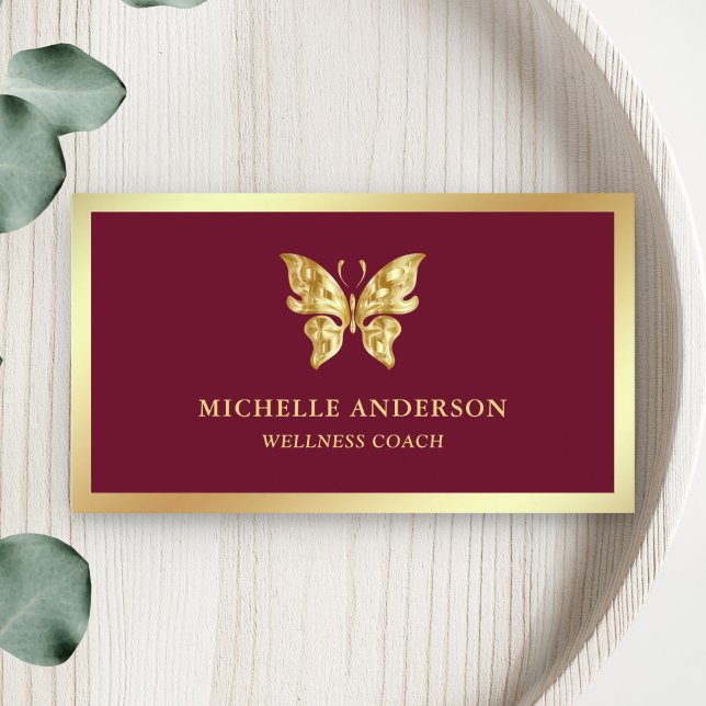 Modern Elegant Chic Burgundy Gold Foil Butterfly Business Card (Creator Uploaded)