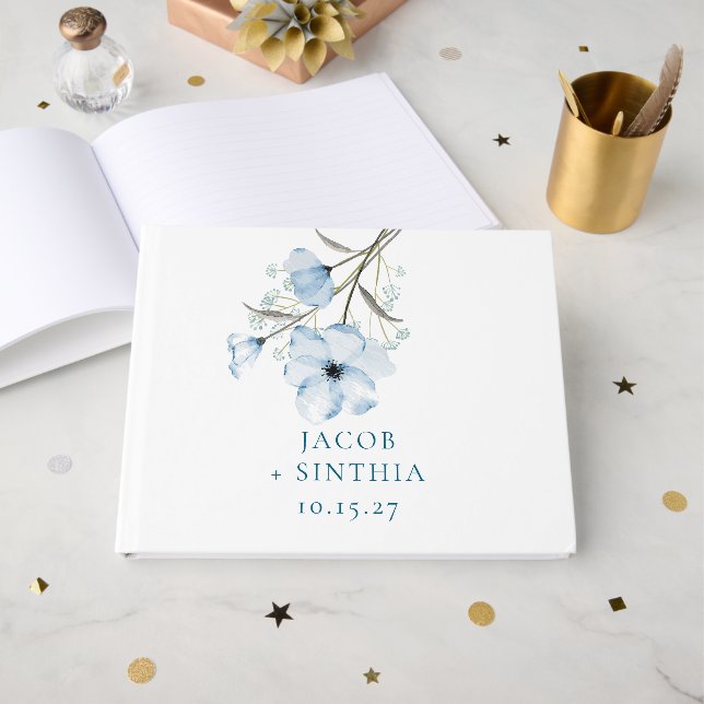 Modern Elegant Chic Dusty Blue Wedding Guest Book (Front Open)