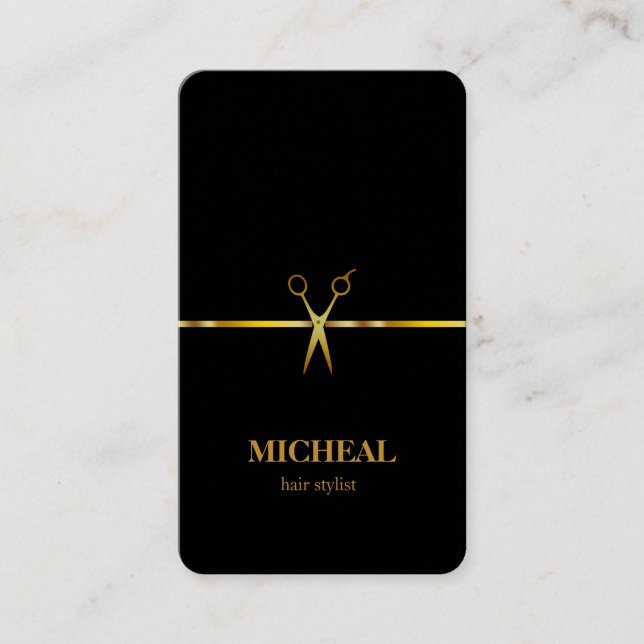 Modern Elegant Chic Faux Gold Black Hair Stylist  Business Card (Front)