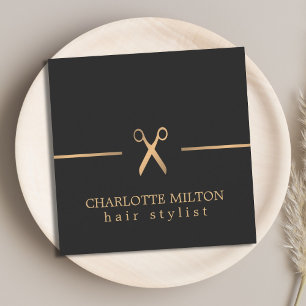 Modern Elegant Chic Faux Gold Black Hair Stylist Square Business Card
