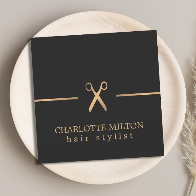 Modern Elegant Chic Faux Gold Black Hair Stylist Square Business Card (Creator Uploaded)