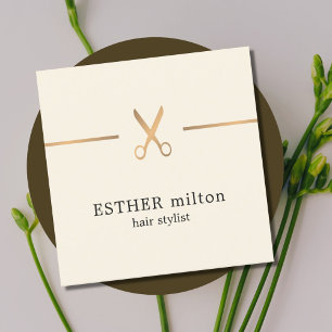Modern Elegant Chic Faux Gold Scissor Hair Stylist Square Business Card