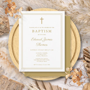 Modern Elegant Chic Gold Border Baptism Invitation Postcard