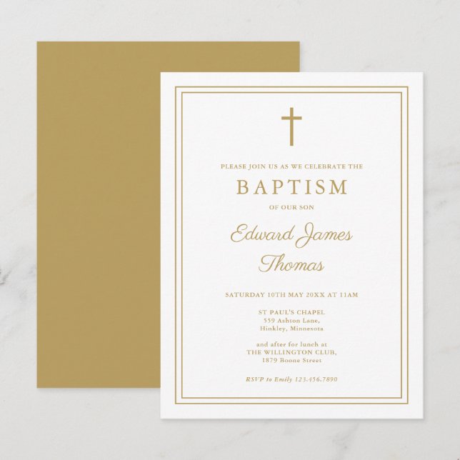 Modern Elegant Chic Gold Border Baptism Invitation Postcard (Front/Back)