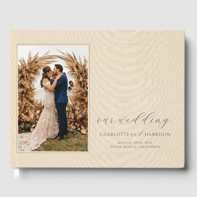 Modern Elegant Chic Handwritten Photo Wedding Guest Book (Front)