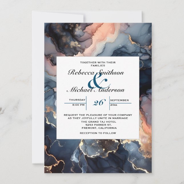 Modern Elegant Chic Navy Blue & Peach Marble Invitation (Front)