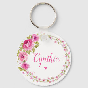 Modern Elegant Chic Pink Floral Girly Monogram Key Ring