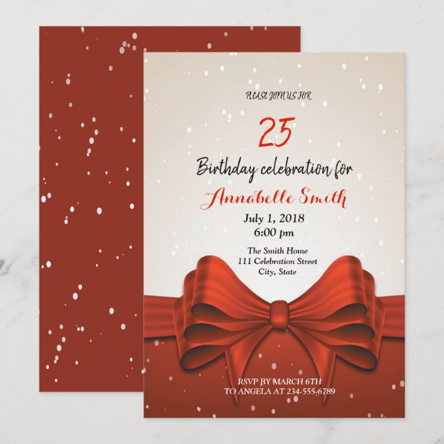 Modern elegant chic red ribbon    birthday invitation (Front/Back)
