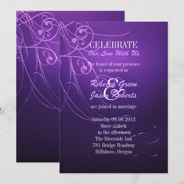 modern elegant chic swirls vintage purple wedding invitation (Front/Back)