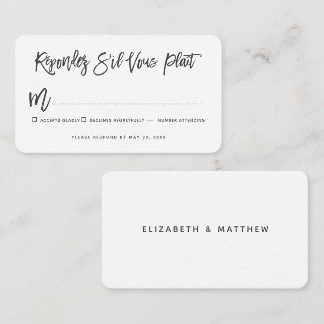 Modern Elegant Chic Wedding No Meal Option RSVP Card (Front/Back)