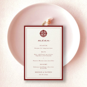 Modern Elegant Chinese Wedding Champagne Red Menu Invitation