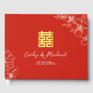 Modern elegant Chinese wedding floral script red Guest Book