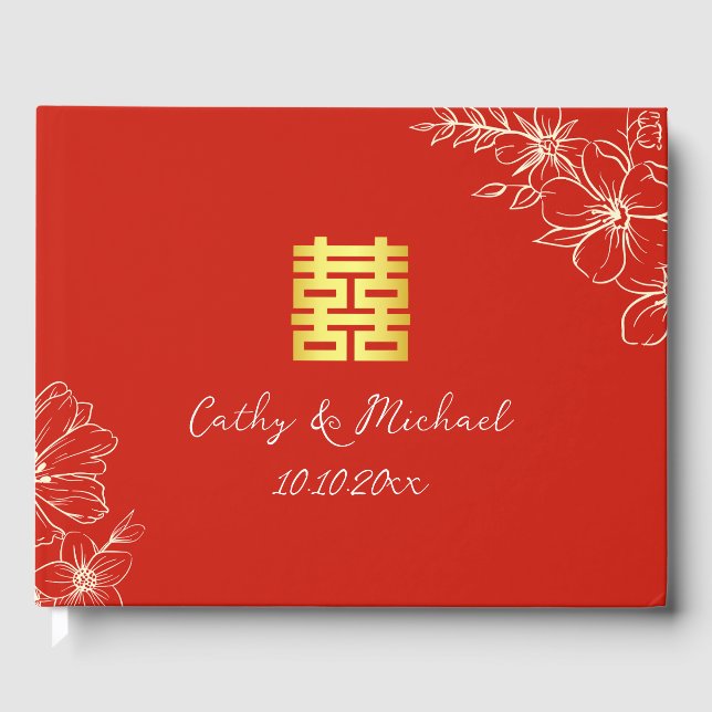 Modern elegant Chinese wedding floral script red Guest Book (Front)