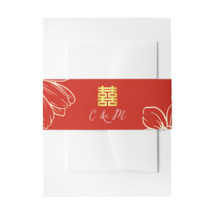 Modern elegant Chinese wedding floral script red Invitation Belly Band