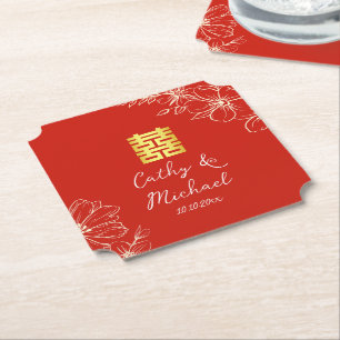 Modern elegant Chinese wedding floral script red Paper Coaster