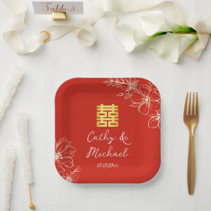 Modern elegant Chinese wedding floral script red Paper Plate